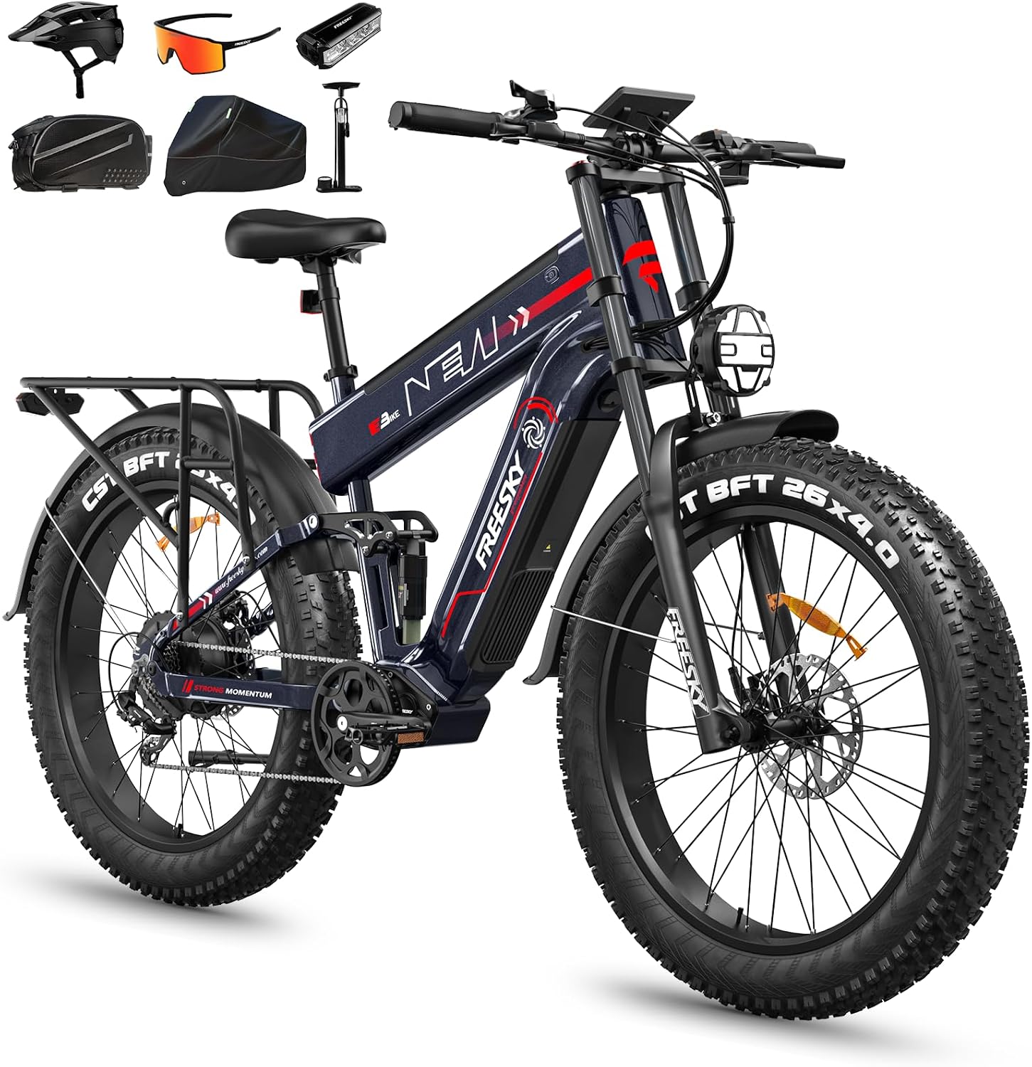FREESKY Dual Battery Electric Bike for Adults, 48V 45AH 200 Miles Long Range E Bike, 4000W Motor 40MPH+, 26' Fat Tire Fast Mountain EBike, Full Suspension & Hydraulic Brakes, UL 2849 Certified by TÜV