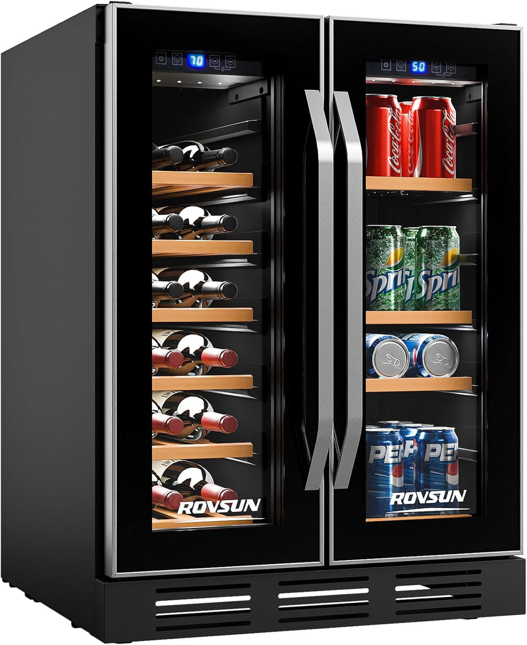 ROVSUN 17 Bottles & 61 Cans Wine and Beverage Refrigerator, Dual Zone Wine Cooler with 37-64°F Temp Control & LED Light, Built-in/Freestanding/Under Counter Wine Fridge for Red Wine, Champagne, Beer