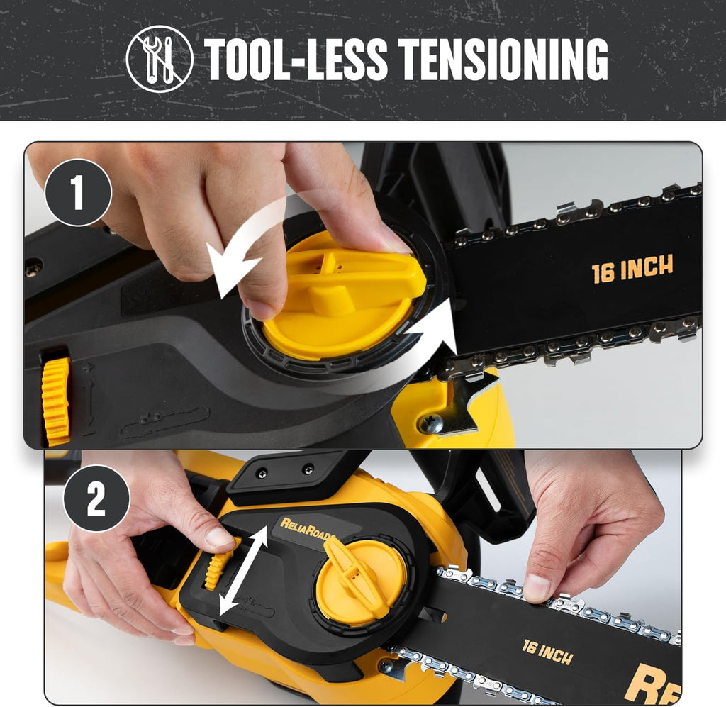 ReliaRoads 16-Inch Brushless Chainsaw, 40V (2 x 20V MAX) Cordless Battery Powered Chain Saw Kit (Includes 2 Chains) Compatible DeWALT Battery for Wood/Tree Cutting and Pruning (Battery Not Included)