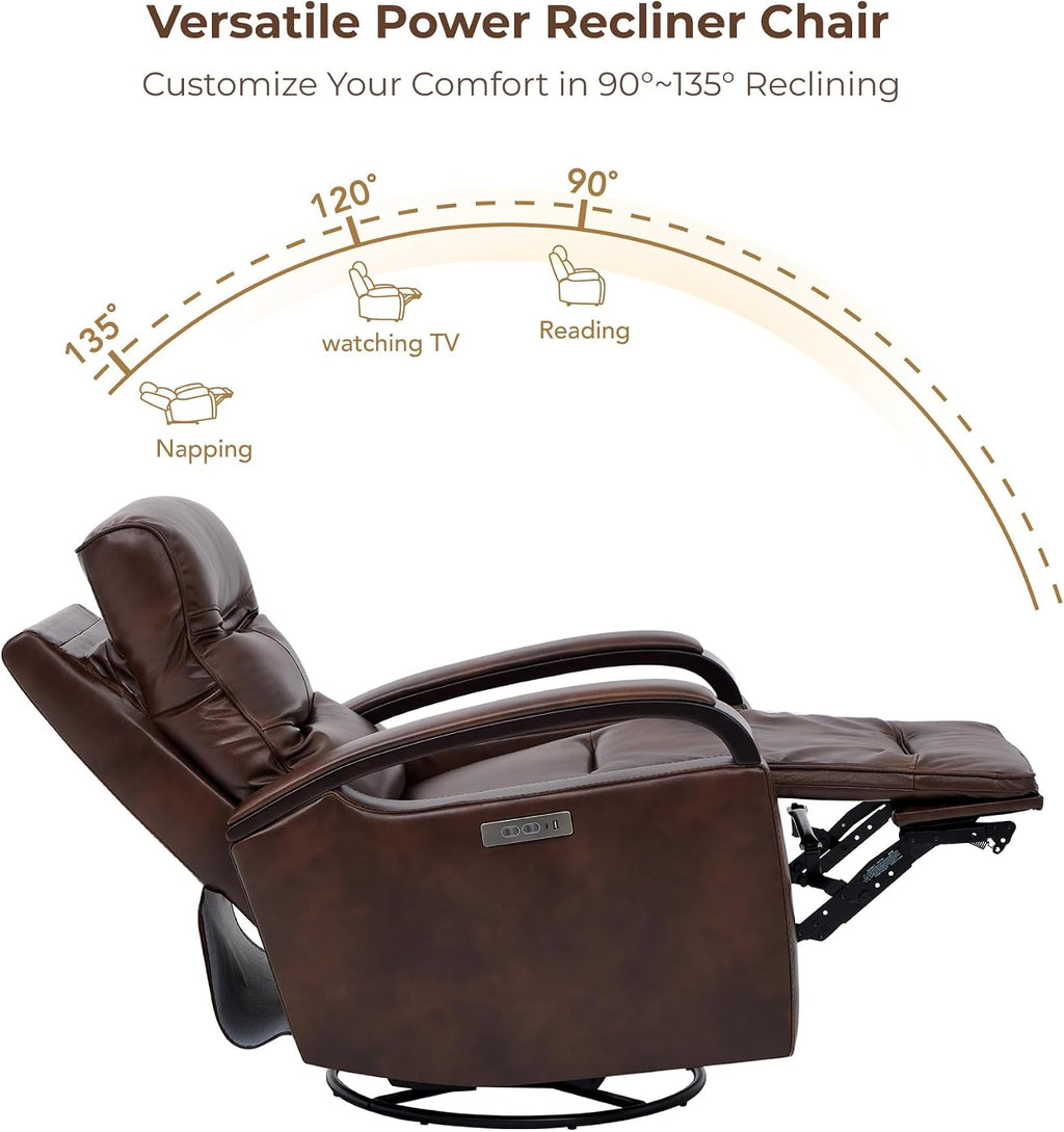 CHITA Genuine Leather Power Swivel Glider Rocker Recliner, FSC Certified Mid Century Modern Recliner Chair for Adults, Adjustable Power Headrest, for Nursery and Living Room, Cognac Brown