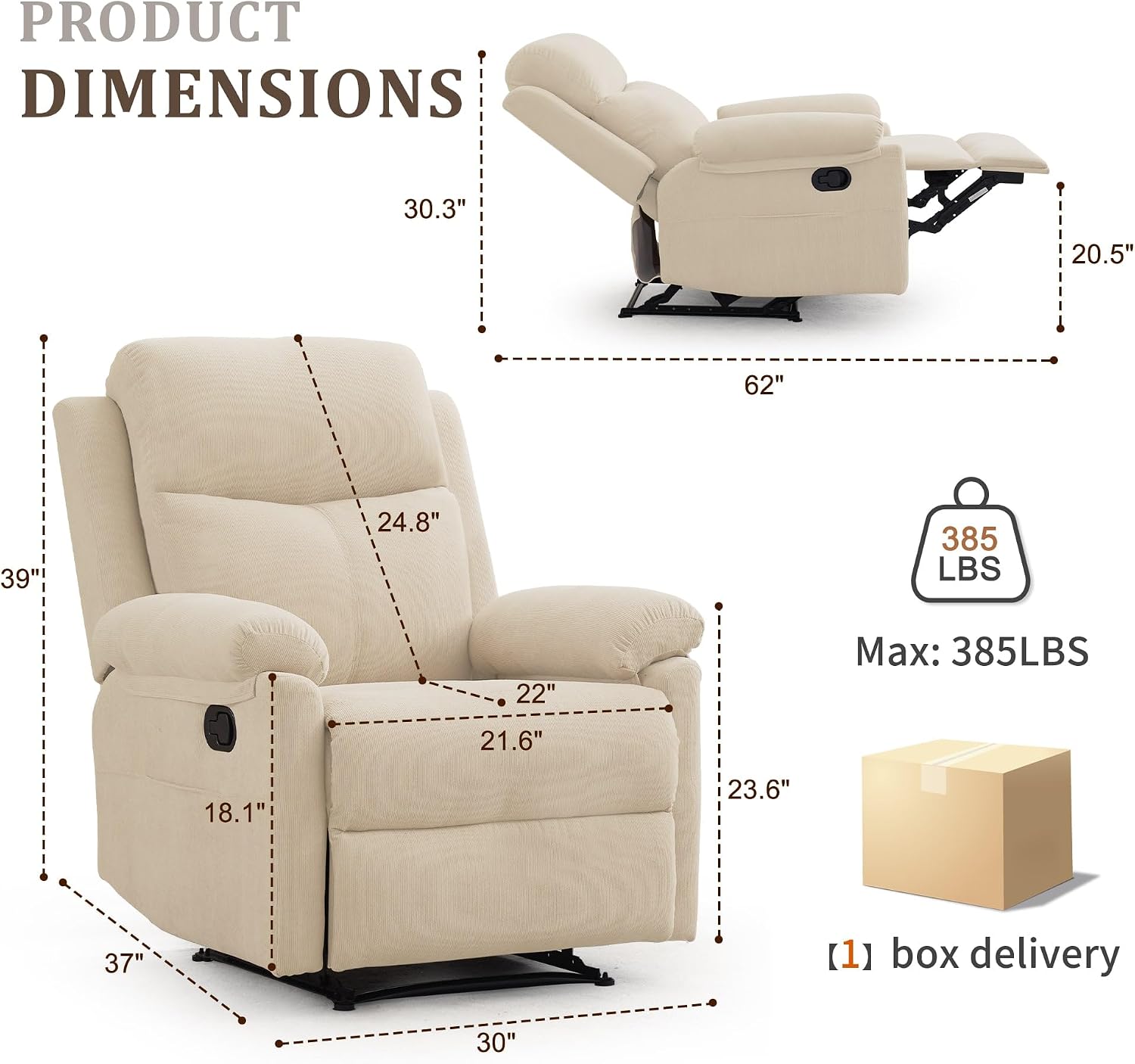 Korser Recliner Chair, Manual Recliner for Adults with Side Pocket, Small Recliners for Small Spaces, Adjustable Comfy Overstuffed Corduroy Reclining Chairs for Living Room, Reading, Bedroom, Beige