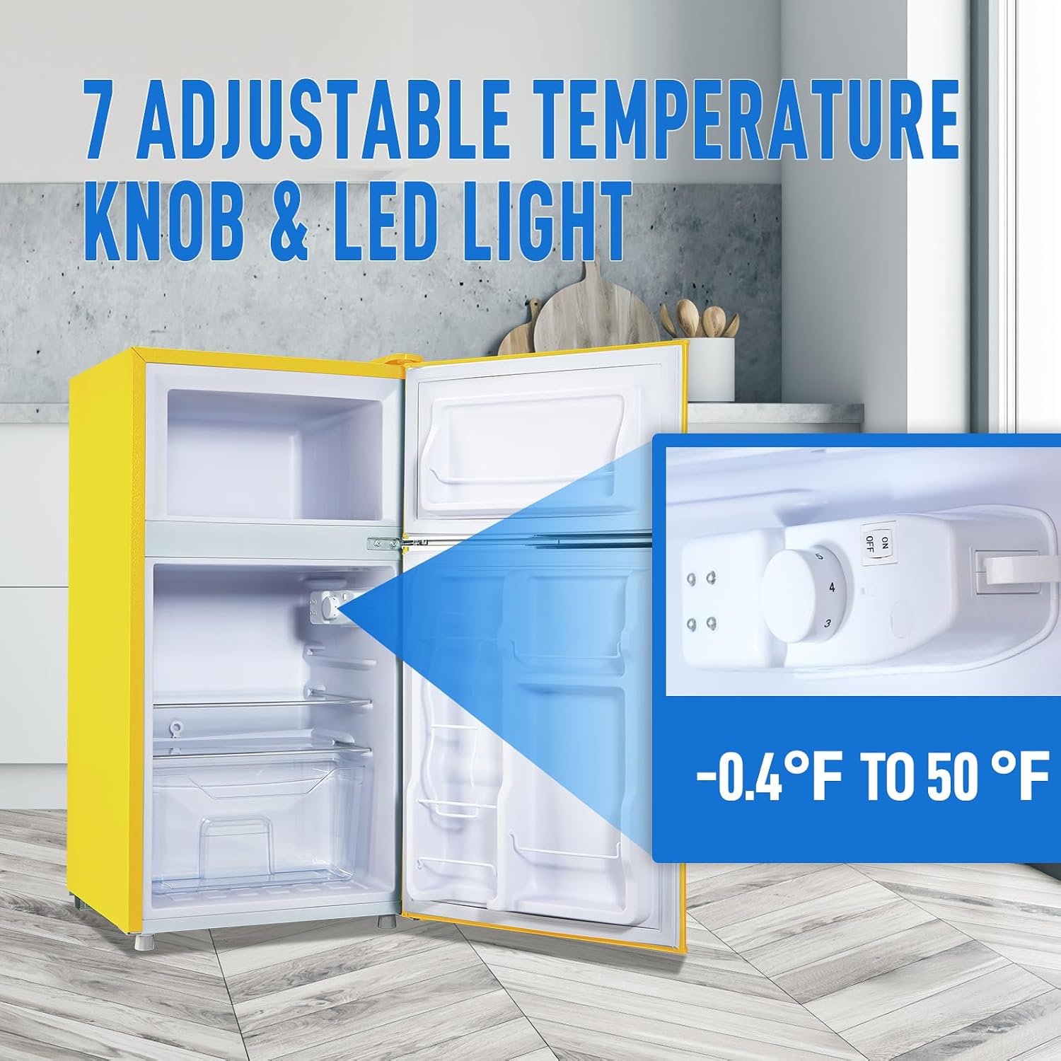 WANAI 2 Door 2 Handle Mini Refrigerator with Freezer-on-top, Spacious 3.5 Cubic Feet Capacity Small Fridge with 7-Level Adjustable Thermostat & 2 Removable Shelves Yellow