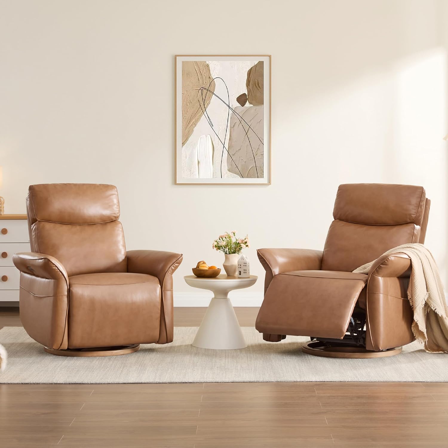 CHITA Genuine Leather Power Recliner Chair, Electric Triple-Motor Swivel Glider Nursery Rocking Chair with Adjustable Power Headrest and Lumbar Support, GREENGARD Gold Certified, Saddle Brown