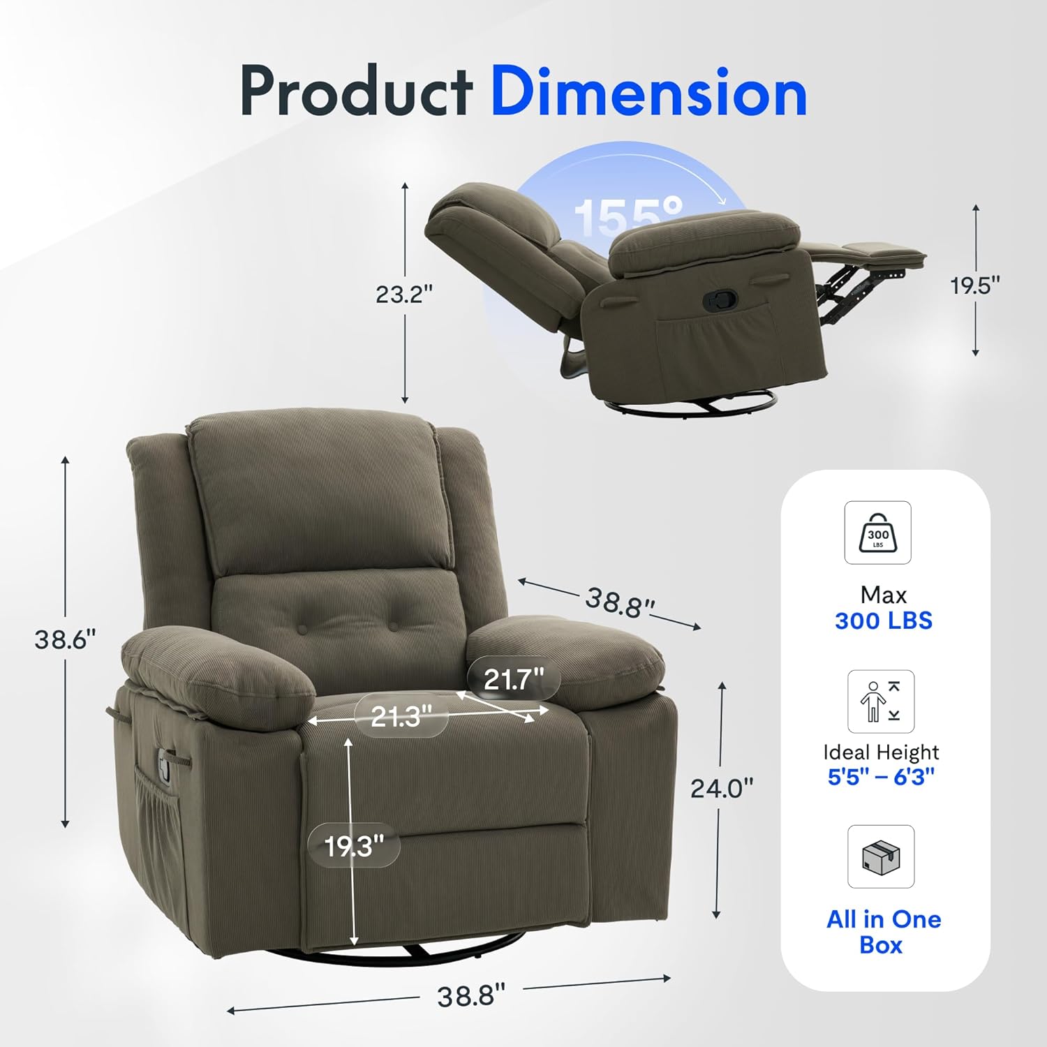FLEXISPOT XRC2 360° Swivel Rocker Recliner for Adults, Rocking Glider Chair with Massage and Heat, Small Swivel Recliner for Living Room Bedroom Nursery, Grey