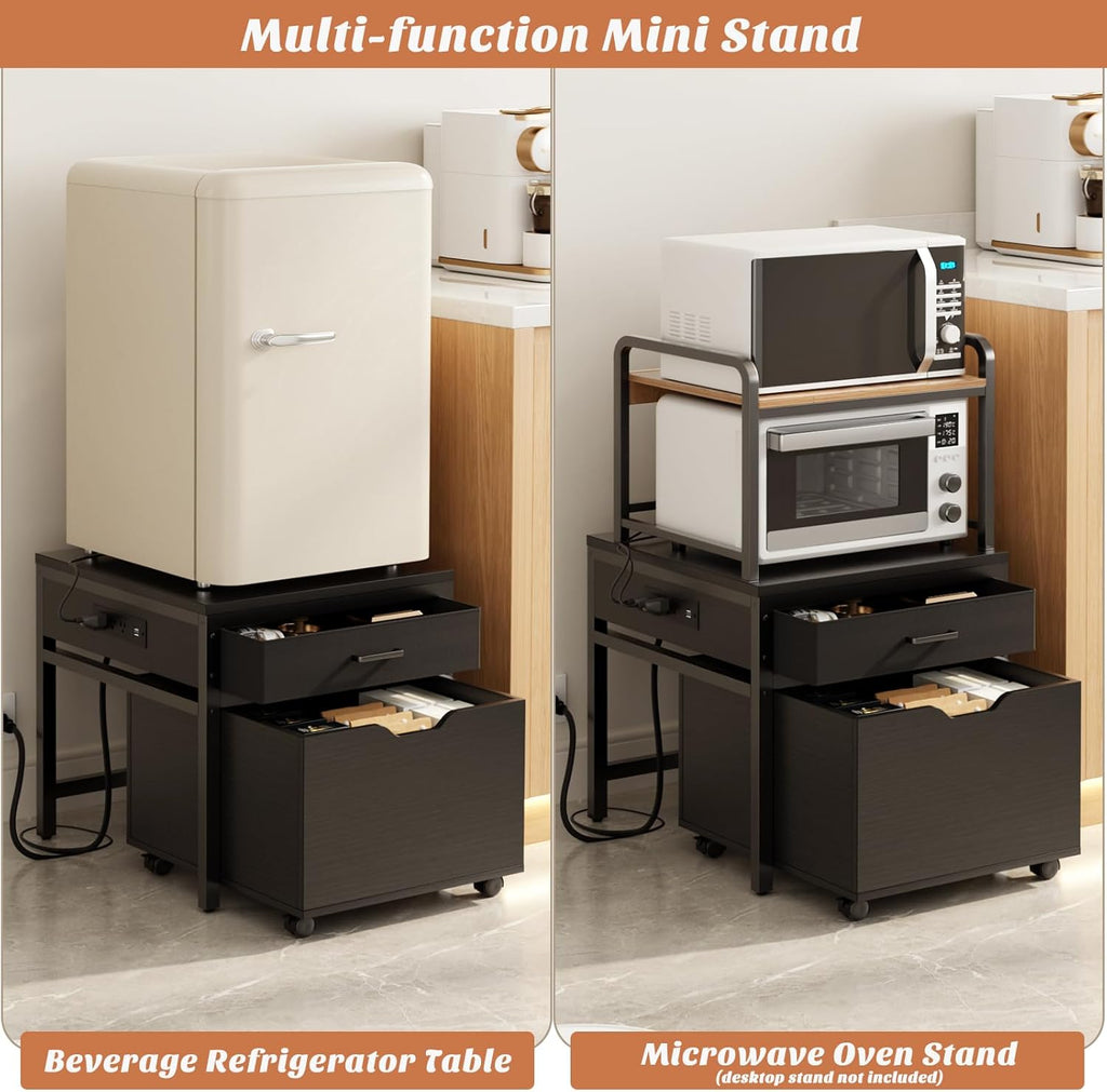 Unikito Mini Fridge Stand with Drawer Storage and Power Outlet, Heavy Duty Mobile Mini Fridge Shelf with Lockable Wheels, Beverage Refrigerator Table Stand, 22.8' L x 21.6' W, Max Load 300 LBS, Black