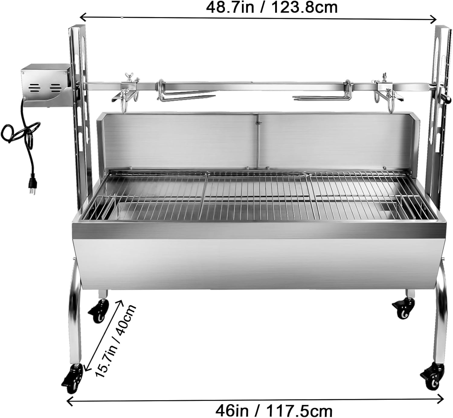 25w 48.6in Electric Rotisserie Grill Portable 176lbs Portable Stainless Steel Rotisserie Grill Roster With Wheels, Motor, Wind Baffle For Pig Chicken Lamb Rotisseries Roasting Machine