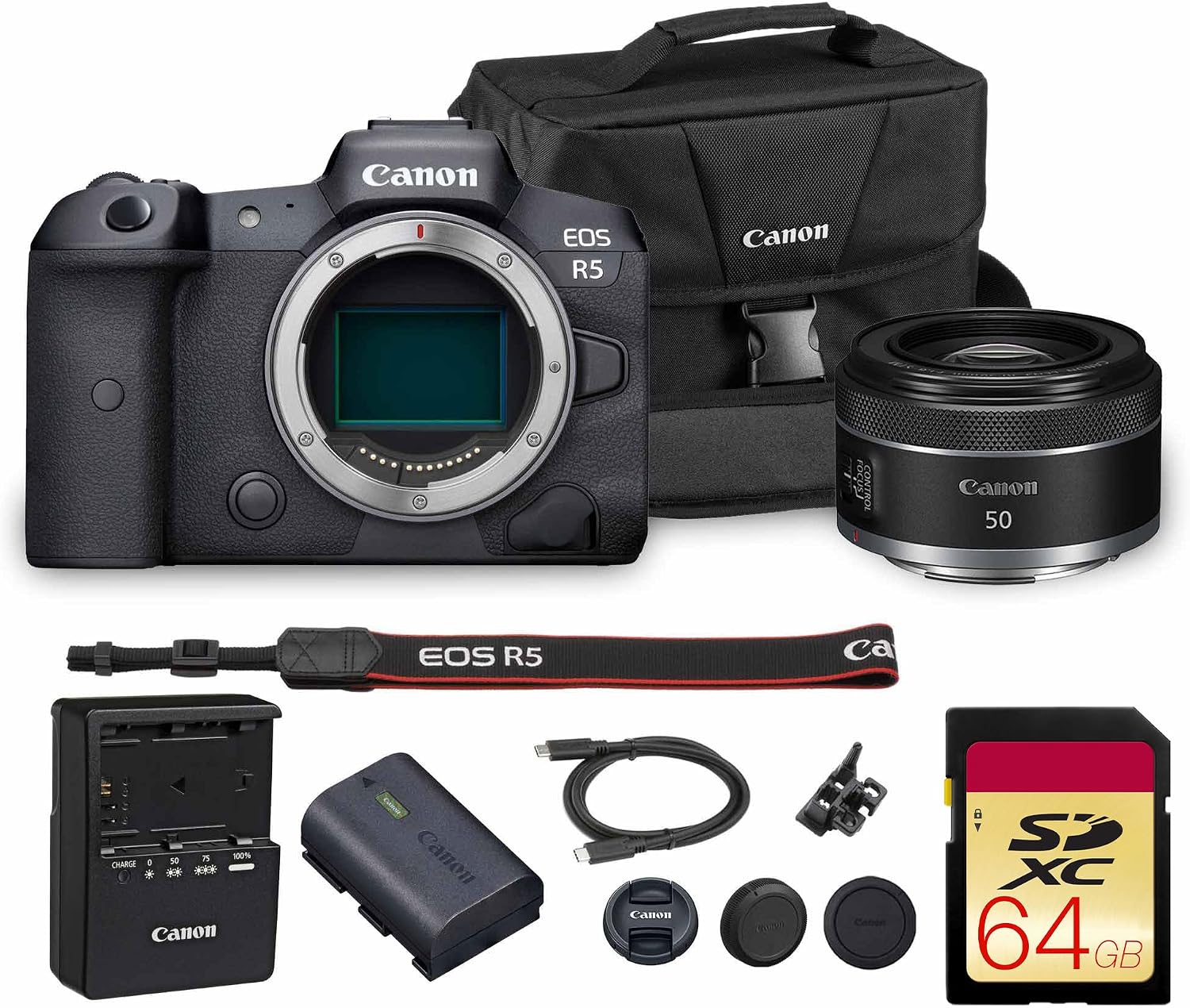 Canon EOS R5 Mirrorless Camera | 45MP Full Frame Sensor 8K Video | in-Body Image Stabilization and Dual Pixel AF for Hybrid Creators (4147C002) + Canon RF 50mm f/1.8 STM Lens + 64GB Card + Bag