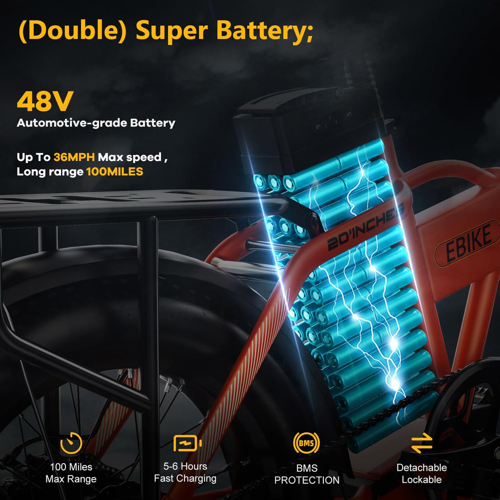 YorkE 1000W Folding Electric Bike, 48V 20AH Large Removable Battery E Bike, 30+MPH, 80 Miles Max Range, 20' Fat Tire Electric Bike for Adults, Adult Electric Bicycles for Commute, 7-Speed