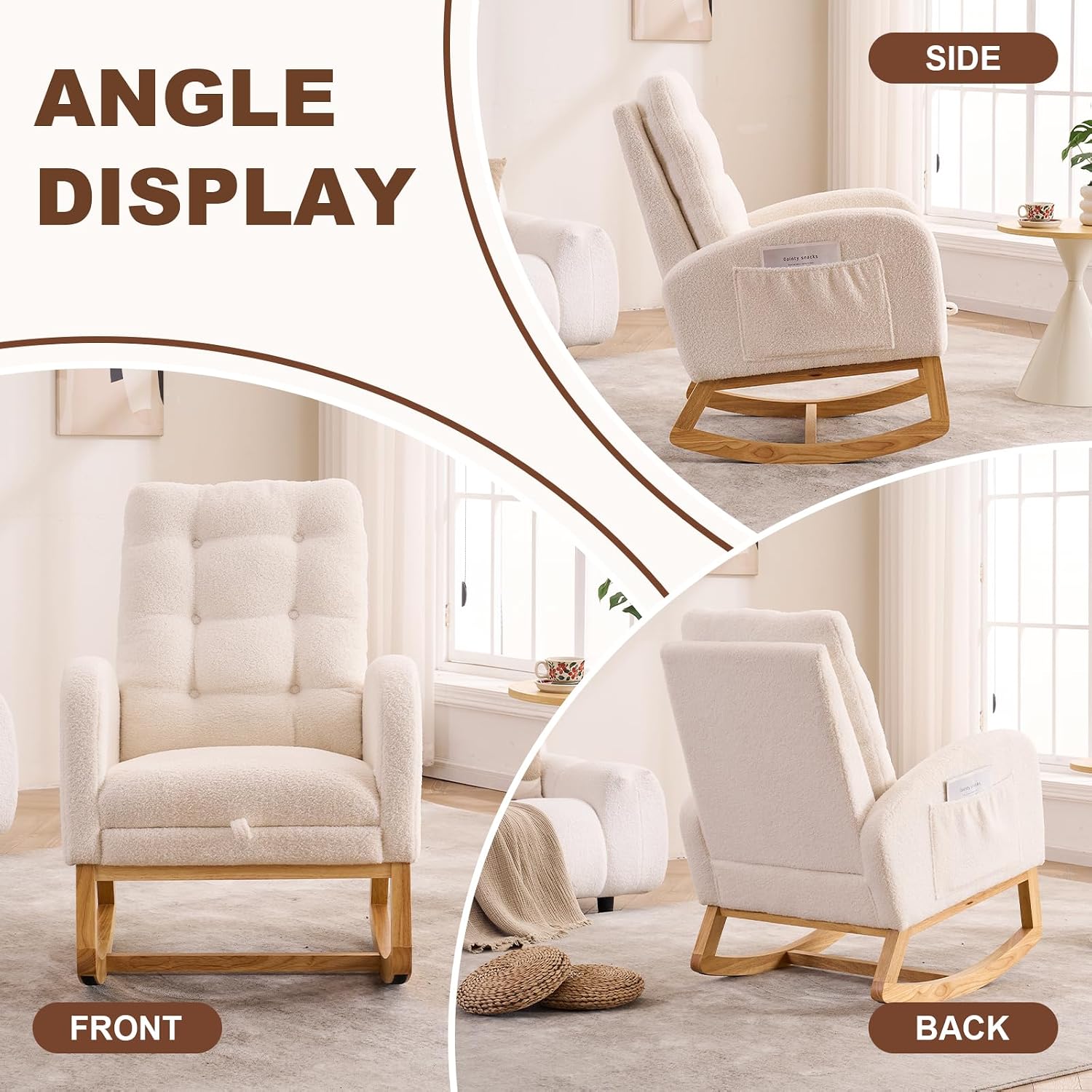 Nursery Rocking Chair,Rubber Wood Base Glider Rocking Chair with Adjustable Footrest and Side Pocket,Teddy Fleece Glider Rocker for Living Room, Bedroom (Teddy Fleece, Beige White)