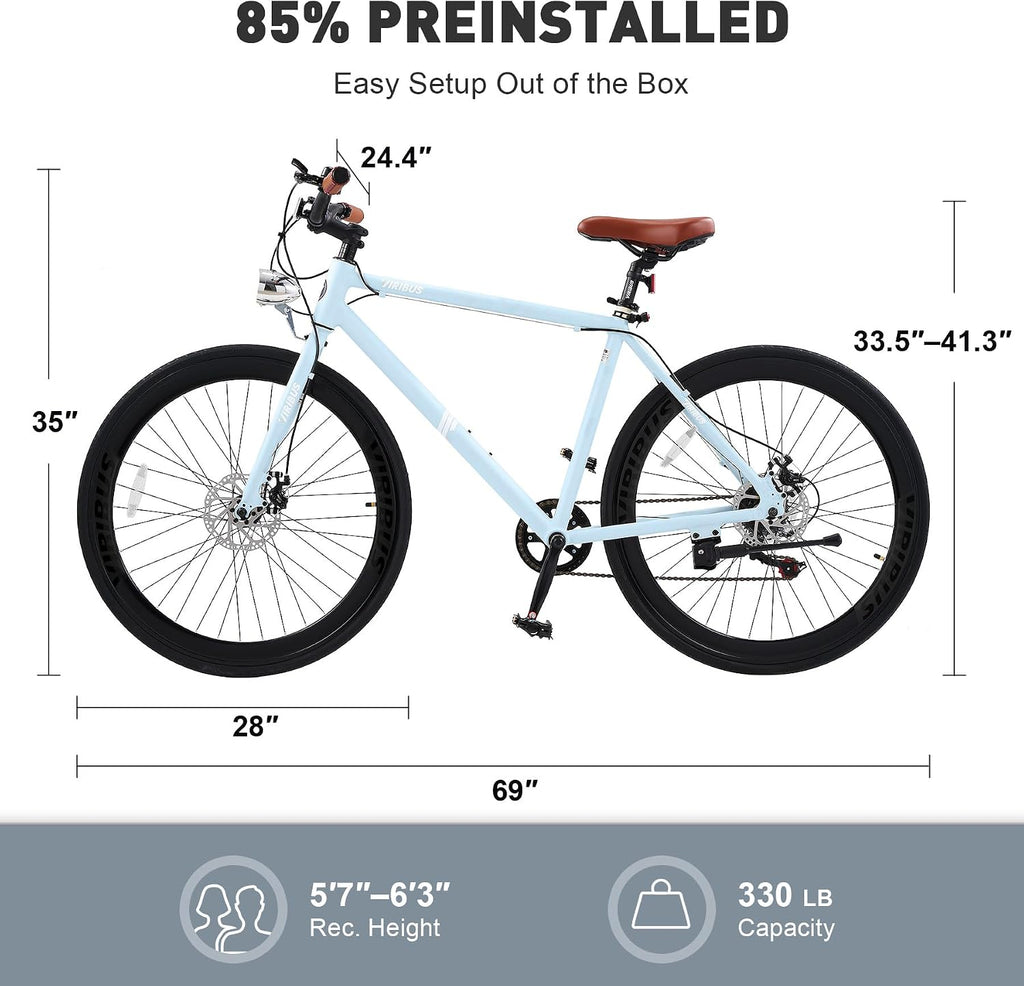 VIRIBUS Hybrid Bikes, 28 inch Mens Hybrid Bicycle 7 Speed with Lightweight Aluminum Frame & Disc Brakes, 700C Retro Vintage Adult Bike for Tall Men & City Commuters 85% Pre-Assembled