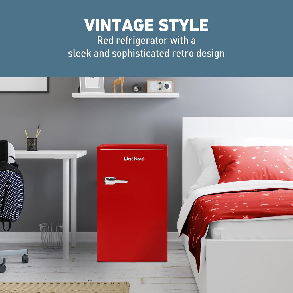 West Bend Mini Fridge for Bedroom, Office, Bar or College Dorm Room, Retro Compact Refrigerator features single door, removable glass shelves and adjustable temperature control, 3.0-Cu.Ft., Red