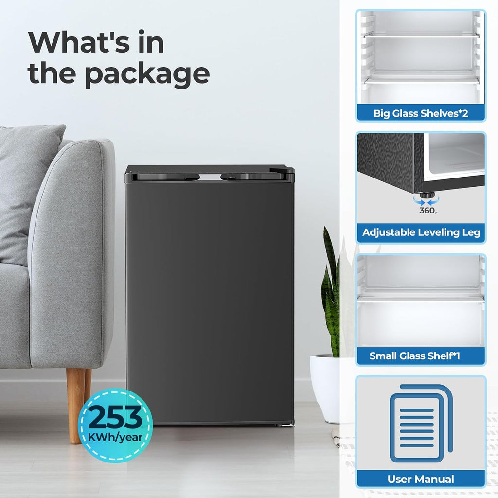 Electactic 4.5 Cu.ft Mini Fridge with Freezer, Compact Refrigerator with Reversible Single Door, Adjustable Thermostat, Low Noise, Energy Efficient for Office, Dorm, Bedroom, Apartment BLACK