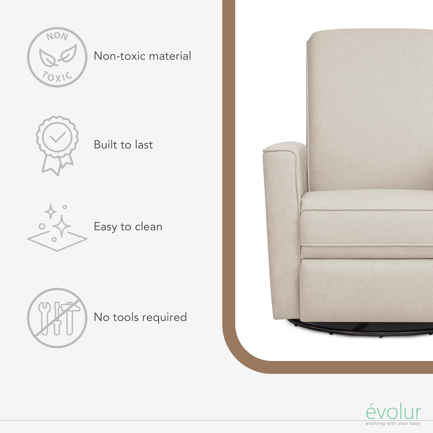 Evolur Harlow Upholstered Power Glider Recliner with USB Charging – Rocking & 275° Swivel with Smooth Glide – Greenguard Gold & FSC Certified – Modern Nursery and Living Room Chair in Light Sand