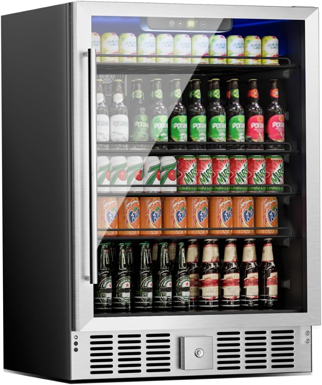 Compact Beverage Refrigerator, 5.3Cu.Ft/166 Can Mini Fridge with Glass Door and Digital Display, Small Drink Fridge with Adjustable Shelves for Soda, Silent Undercounter Mini Fridge for Home