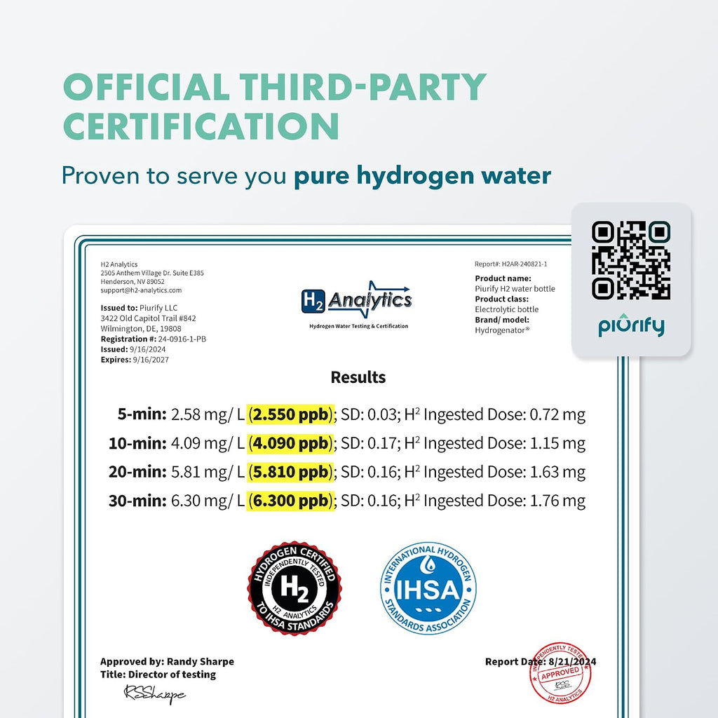 PIURIFY Hydrogen Water Bottle Generator - Up to 4100+ PPB Molecular Hydrogen Infusion - SPE/PEM Technology - Certified H2 Generator - Rechargeable - Extended Warranty - 10 oz (Turquoise)