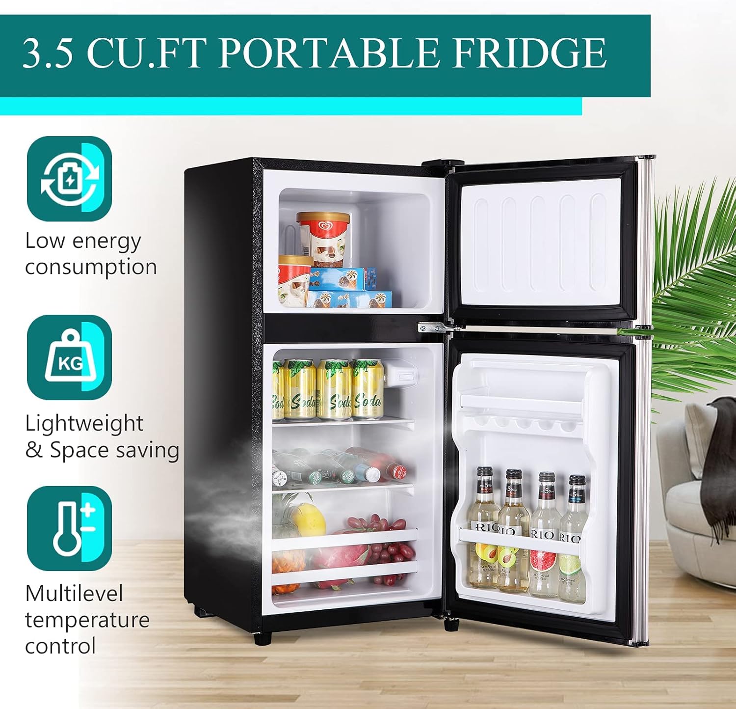 KRIB BLING 3.5 Cu.Ft Refrigerator with Freezer, 2 Doors Fridge with Adjustable Thermostat Control, Refrigerator for Kitchen, Dorm, Apartment, Garage, Office, Silver