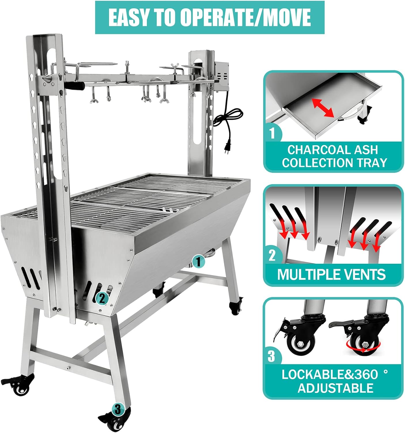 25w 37in Electric Rotisserie Grill Portable 132lbs Portable Stainless Steel Rotisserie Grill Roster With Wheels, Motor, Wind Baffle For Pig Chicken Lamb Rotisseries Roasting Machine