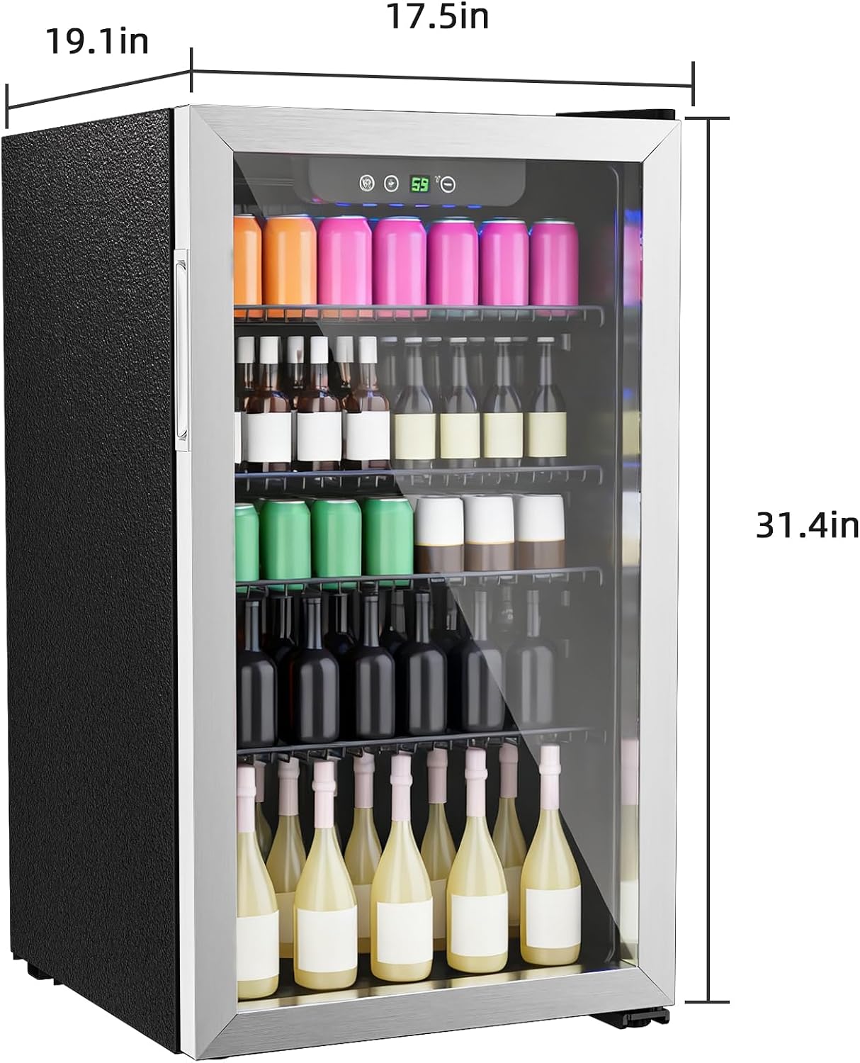 Erivess Compact Beverage Refrigerator,126 Can/3.2 Cubic Feet Fridge with Glass Door for Soda, Beer Under Counter Small Refrigerator with Adjustable Shelve & LED Display(Silver)