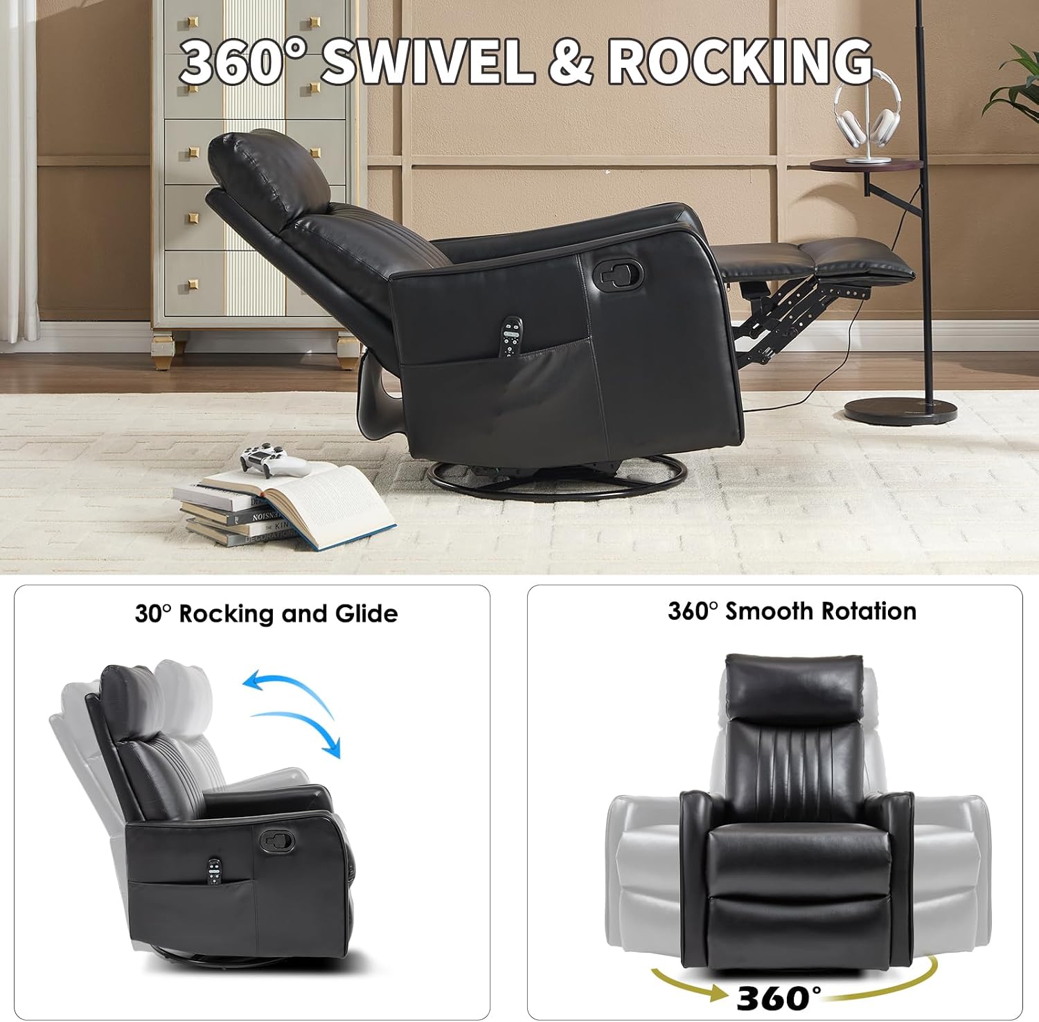 Trustyue Swivel Rocker Recliner Chair, 360° Swivel Recliner with Heat and Massage, Rocker Recliner Nursery Glider Chair with Side Pockets for Living Room (Black, Faux Leather)