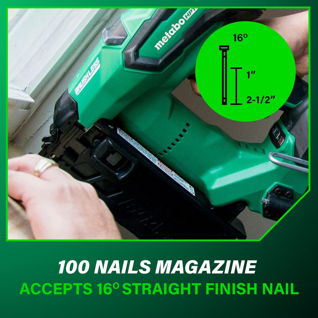Metabo HPT 18V MultiVolt Brushless Cordless Finish Nailer Kit, 16 Gauge Straight Finish Nailer with Power Tool 2.0Ah Lithium Ion Battery, Drives 1' to 2-1/2' Nails, NT1865DMST