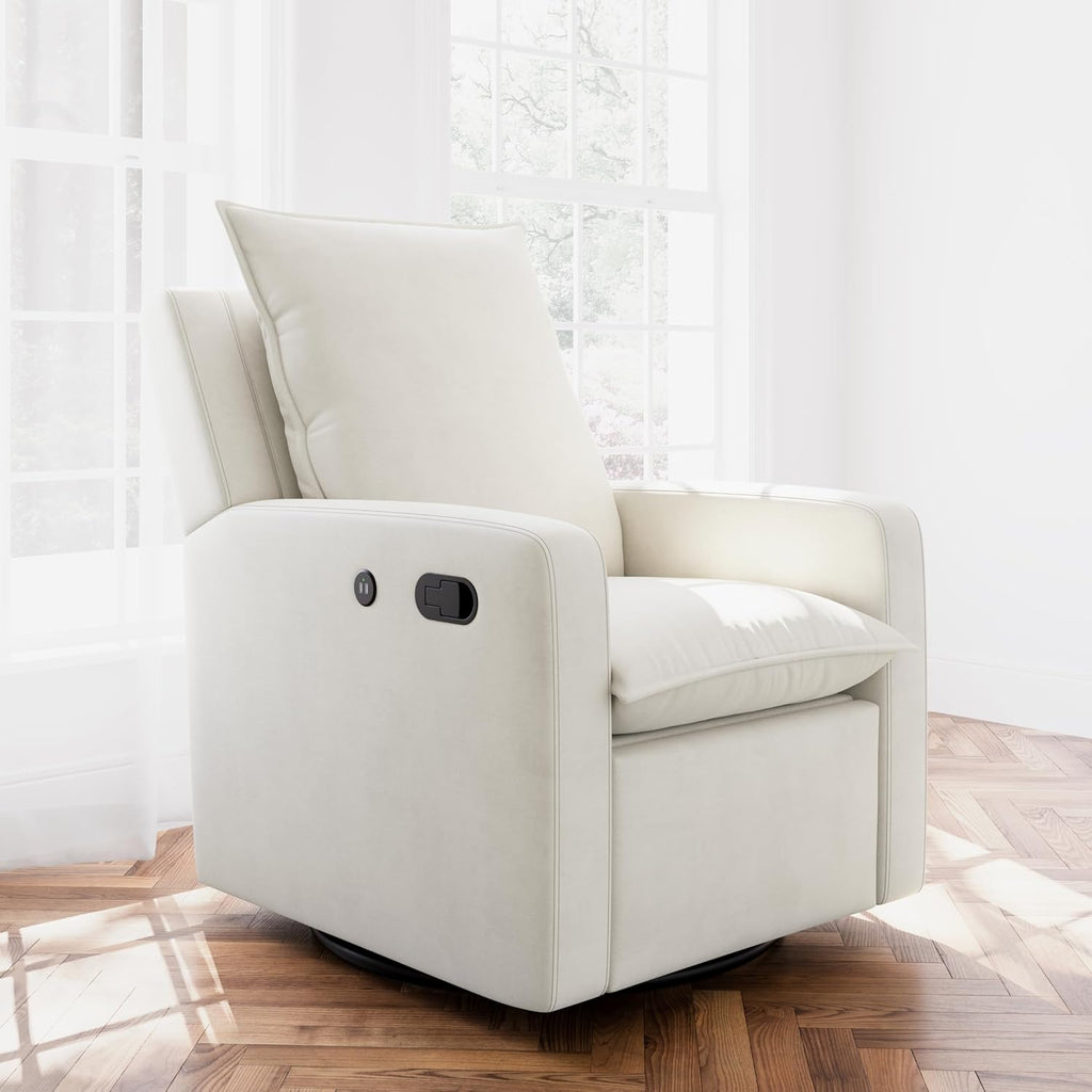 Storkcraft Timeless Reclining Glider (Ivory) -USB Charging Port, 360-Degree Metal Swivel Base, Manual Extending Foot Rest, Supportive Cushions, Durable Fabric