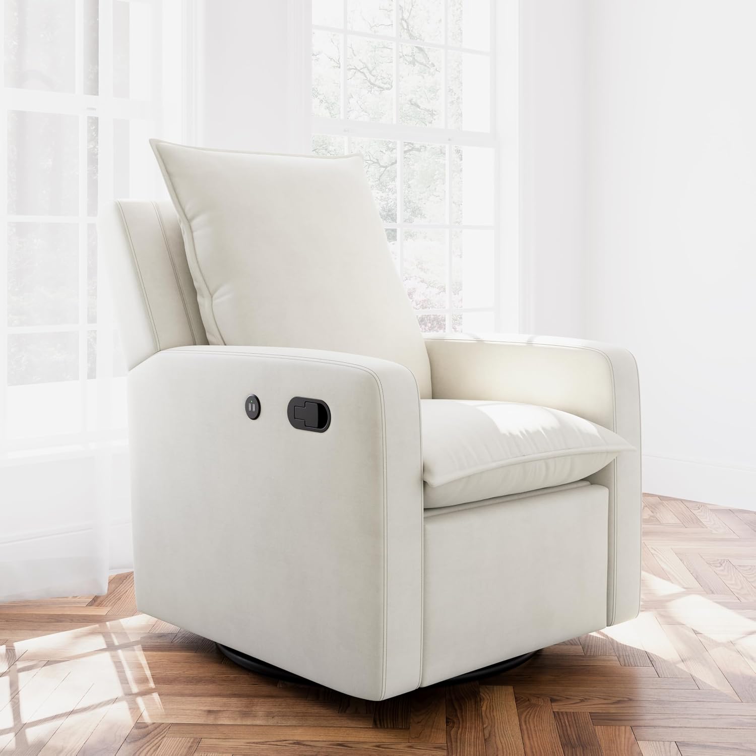 Storkcraft Timeless Reclining Glider (Ivory) -USB Charging Port, 360-Degree Metal Swivel Base, Manual Extending Foot Rest, Supportive Cushions, Durable Fabric