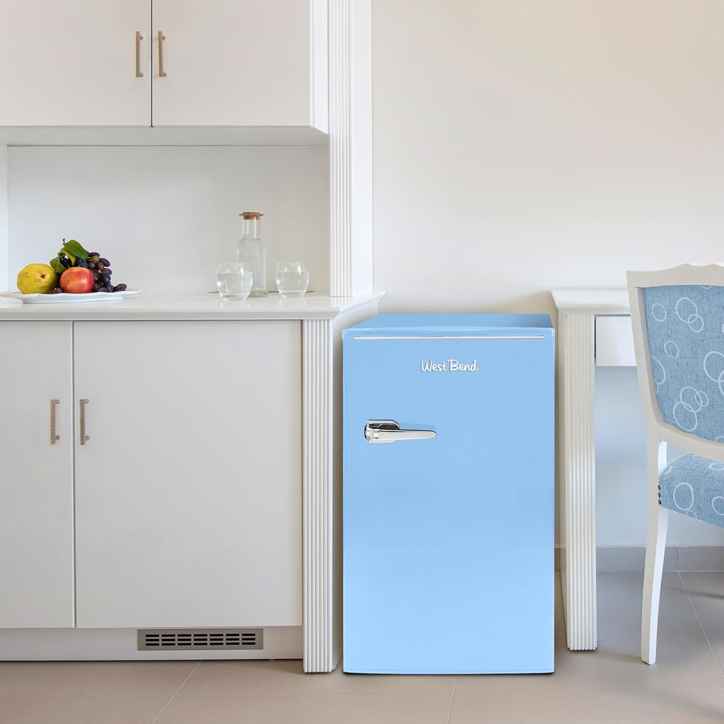 West Bend Mini Fridge for Bedroom, Office, Bar or College Dorm Room, Retro Compact Refrigerator features single door, glass shelves and adjustable temperature control, 3.0-Cu.Ft., Robin's Egg Blue