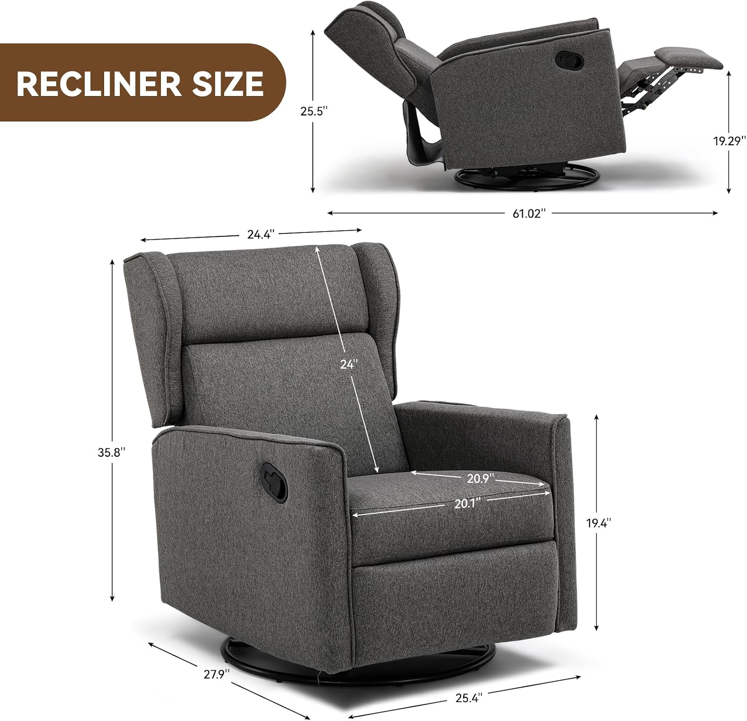 COMHOMA Rocking Recliner Chair,Swivel Glider Reclining Single Sofa Manual Rocker Recliners,Nursery Rocking Chairs with Upholstered Seating for Living Room Office(Grey)