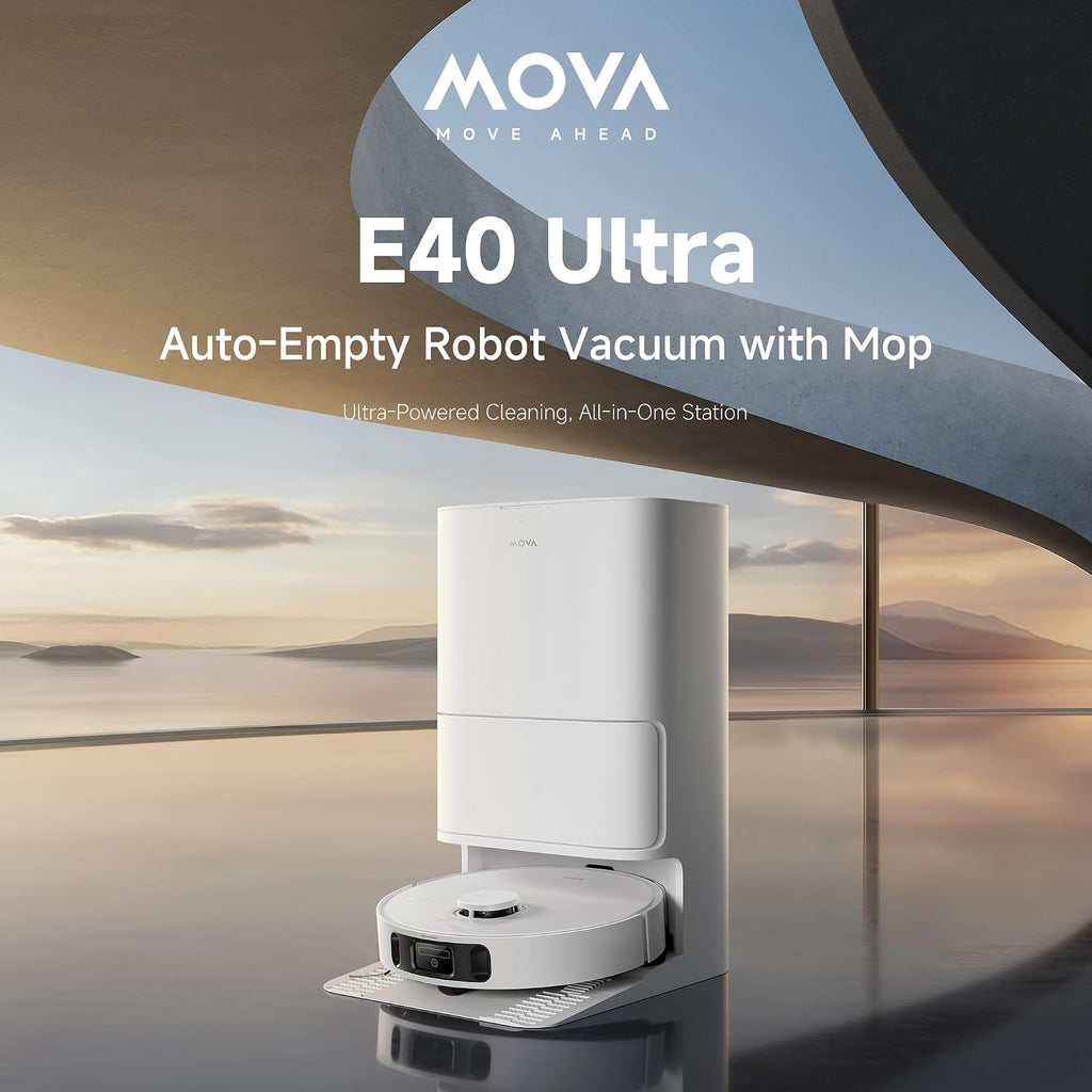 Mova E40 Ultra Robot Vacuum and Mop, 19,000Pa Suction, Extenable & Liftable Mop, All-in-One Station, Auto-Empty, Auto Washing & Hot Air Drying, 360°Obstacle Avoidance, App & Voice Control