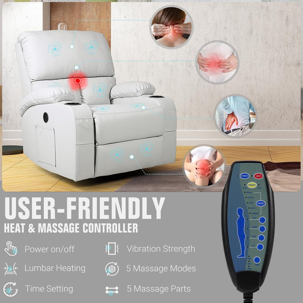 LAFWELL Rocking Recliner Chair, Massage Rocker Recliner Chair with Vibration Massage and Heat, USB and Type-C Ports,360° Swivel Faux Leather Chairs, Living Room, Bedroom, Nursery, RV, Light Grey