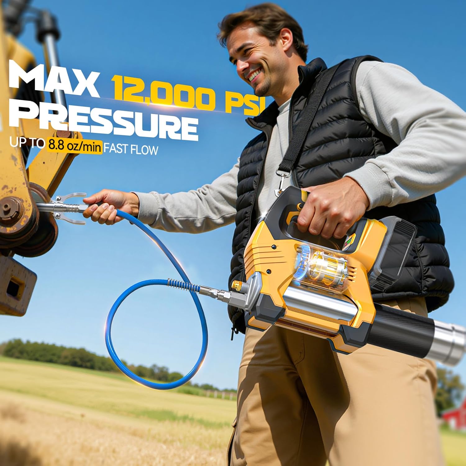 Ecarke Cordless Grease Gun, Compatible with DeWalt 20V Battery (Bare Tool), 3‑Speed Adjustable Flow, 12,000 PSI Max, 39' Hose, Works with Bulk & Cartridge Grease, for Farm/Truck/Construction