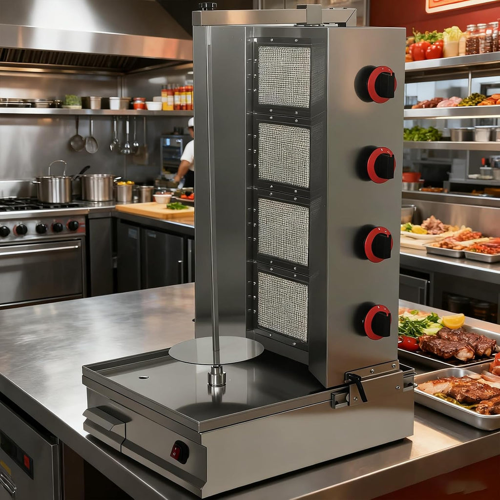 Shawarma Machine Oven Rotisserie Kebab Turkey Infrared Burner, Automatic Rotation and Adjustable Distance, 4 Propane Controls Up to 750°F,Vertical Skewers, Stainless Steel