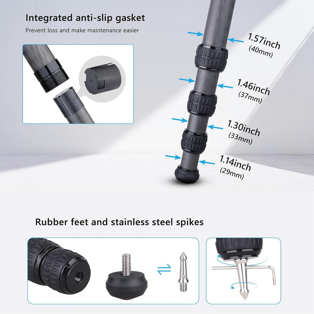 ARTCISE Heavy Duty 40mm Max Leg Tube Carbon Tripod Compact Carbon Fiber Travel Tripod 63.6in/162cm Height Stable Lightweight Stand for DSLR Video Camera Max Load 40kg