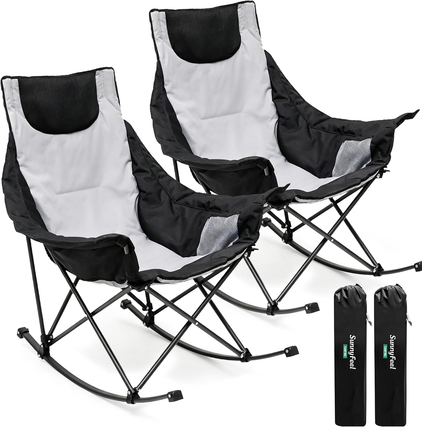 SUNNYFEEL Oversized Rocking Camping Chair 2 Pack, Fully Padded Patio Chair with Side Pocket, High Back Portable Lawn Recliner with Carry Bag, Outdoor Rocker Camp Chairs for Adults Heavy Duty 500 LBS