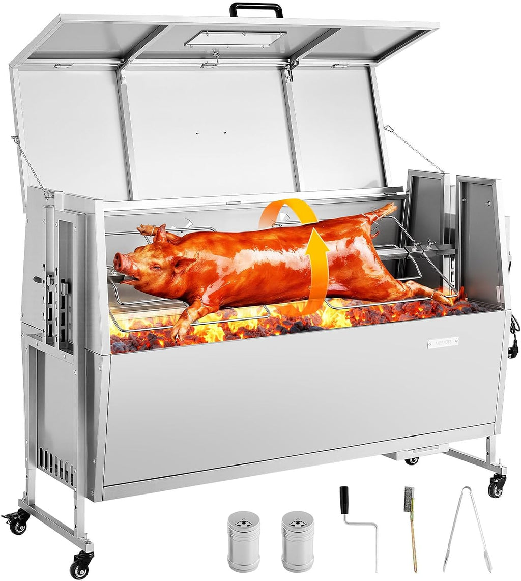 VEVOR Rotisserie Grill, 52in BBQ Outdoor Pig & Lamb Spit Roaster, Charcoal Spit Roaster with 132 LBS Capacity, Wheels, 4-Level Height, Stainless Steel Electric Rotisserie Grill Kit for Camping Outdoor