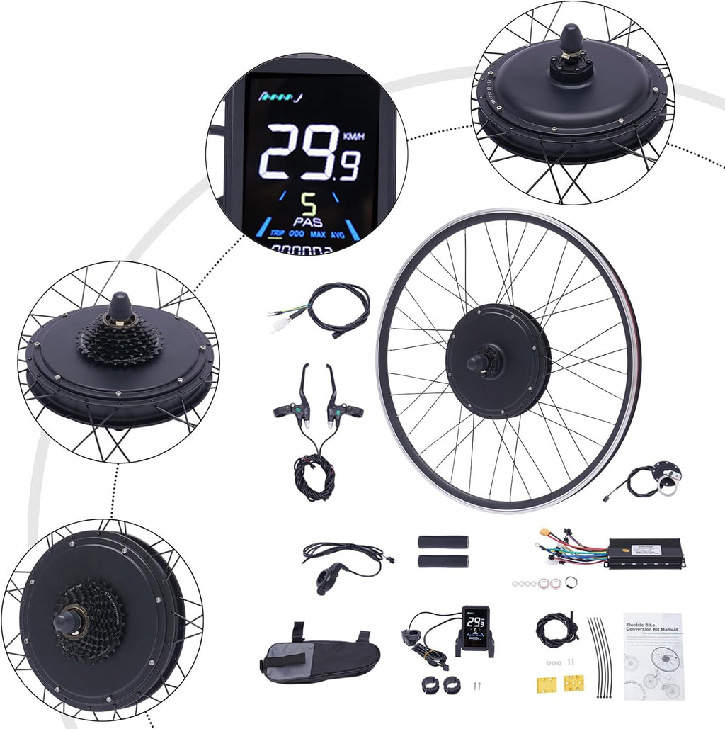 Electric Bike Conversion Kit, 48V 1000W 700C 28'/ 29' Front/Rear Wheel Electric Bicycle Hub Kit Dual Mode Controller w/LCD Display & PAS, 5-Speed Adjustment E-Bike Conversion Kit