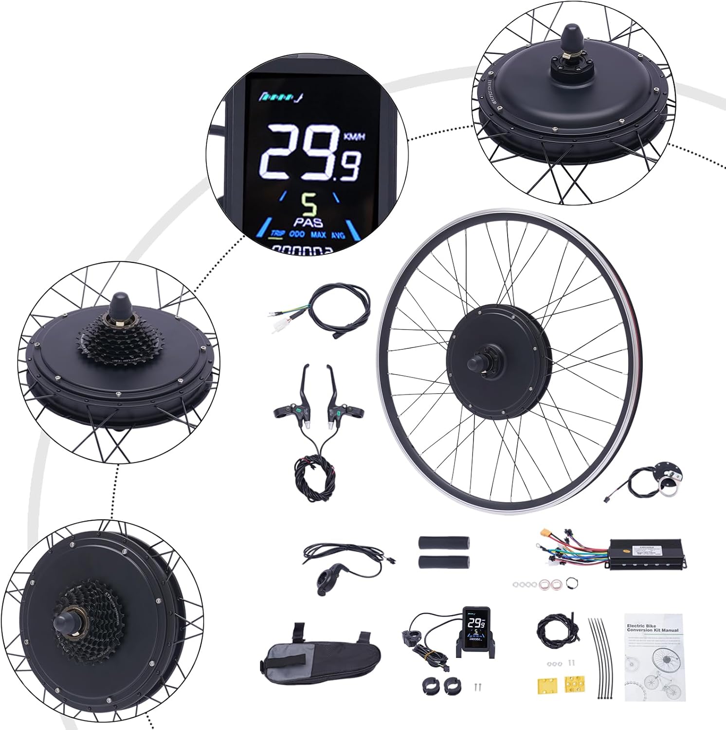 Electric Bike Conversion Kit, 48V 1000W 700C 28'/ 29' Front/Rear Wheel Electric Bicycle Hub Kit Dual Mode Controller w/LCD Display & PAS, 5-Speed Adjustment E-Bike Conversion Kit