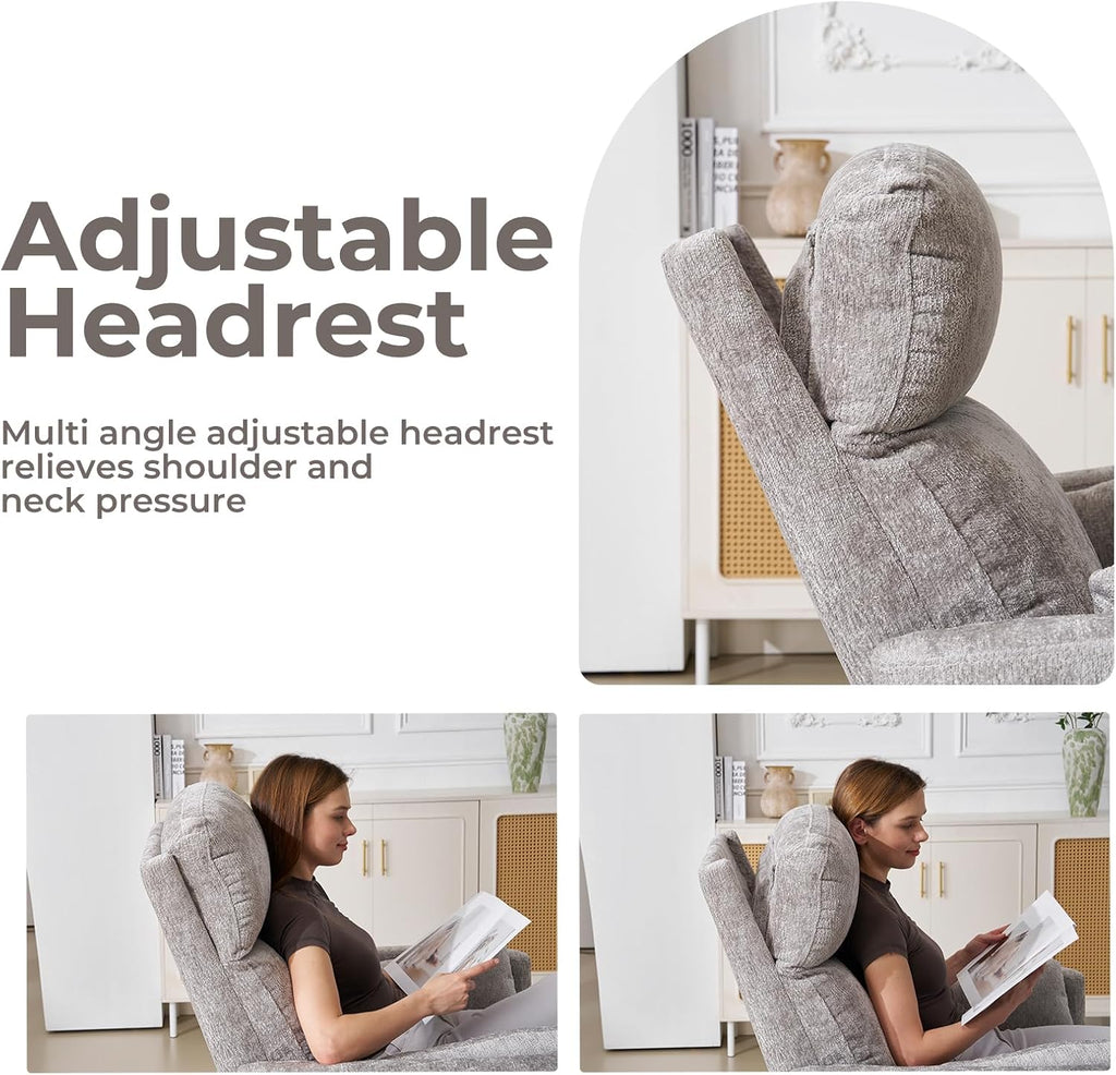 Oversized Swivel Rocker Recliner Chair with Massage and Heat, Manual Swivel Glider Rocker Recliner with 2 Bolster Pillows, Rocking Nursery Chair with Storage Ottoman , Adjustable Headrest, Light Grey