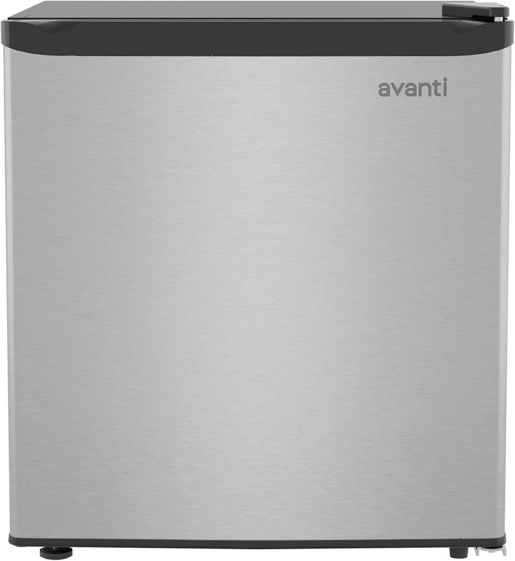 Avanti Mini Fridge 1.6 Cu. Ft. Compact Refrigerator for Dorm, Office & Bedroom, Chiller Compartment, Glass Shelf, Reversible Door with Automatic Defrost, ENERGY STAR, Stainless Steel