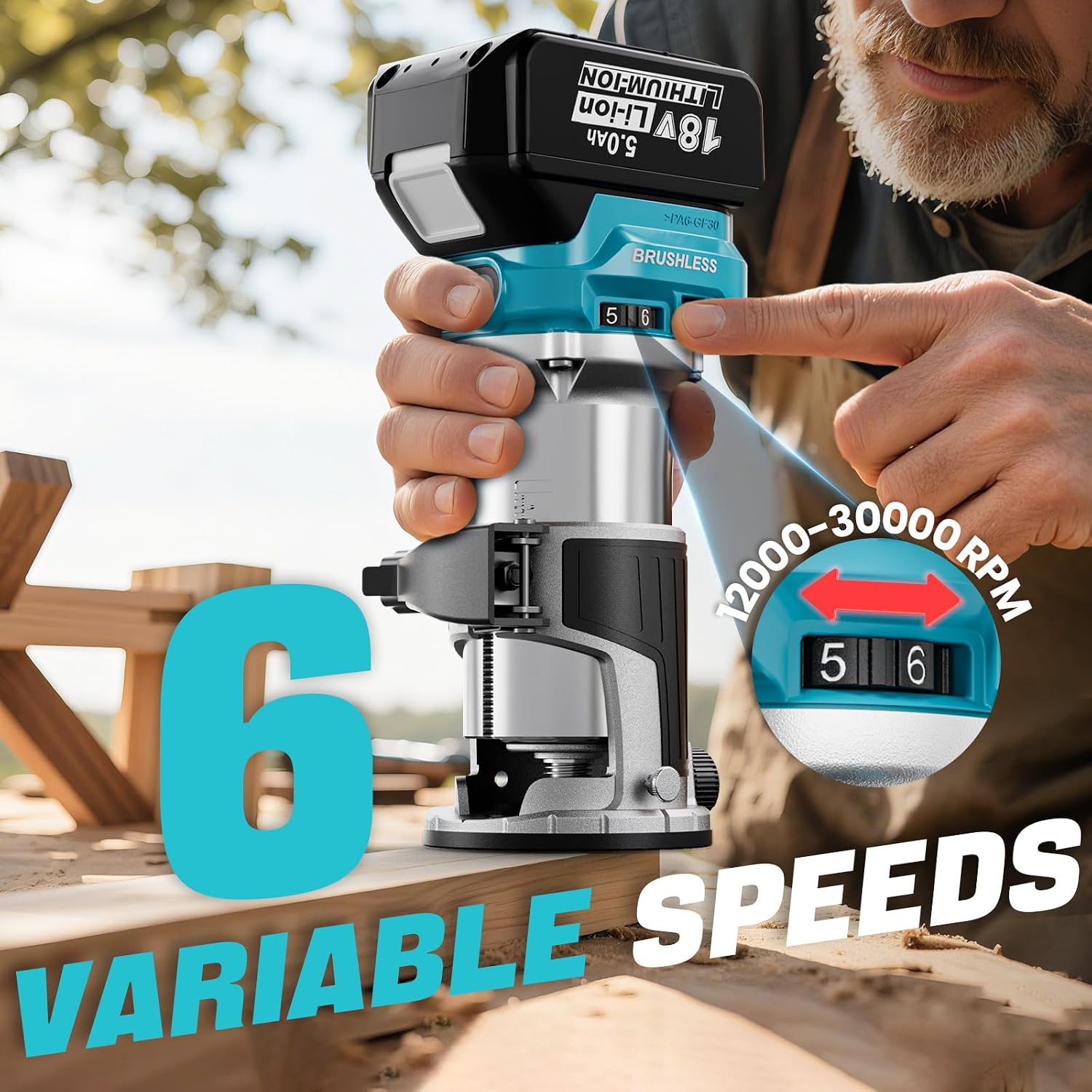 MtiolHig Cordless Compact Router Compatible with Makita 18V Battery, With 1 x 5.0Ah Rechargeable Battery, 6 Pcs Router Bits for Woodworking, 6 Variable Speeds Router With Trim Bits