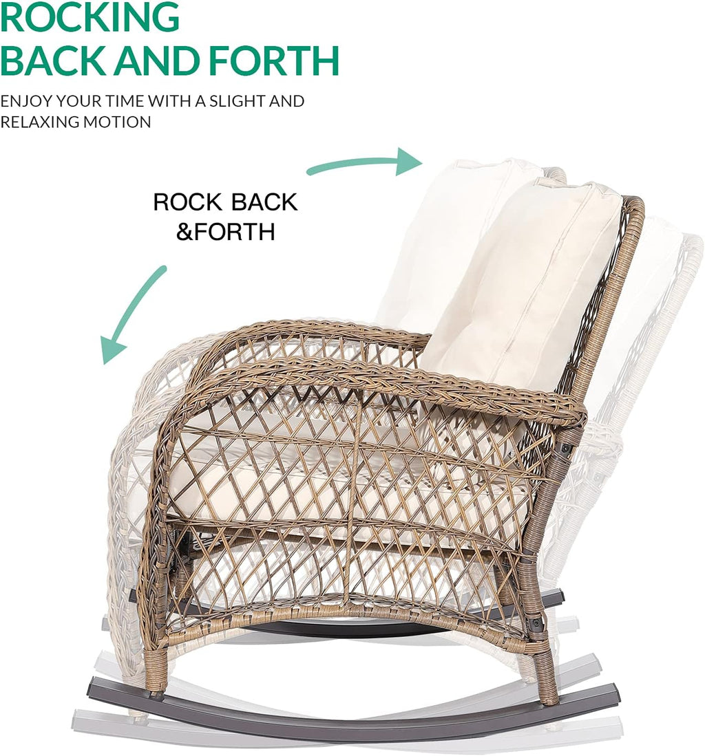 VIVIJASON 3-Piece Outdoor Conversation Bistro Set, Patio Wicker Rocking Chairs Rattan Furniture Sets w/ 2 Rattan Chairs, Cushions, Glass Top Side Table for Garden Porch Backyard
