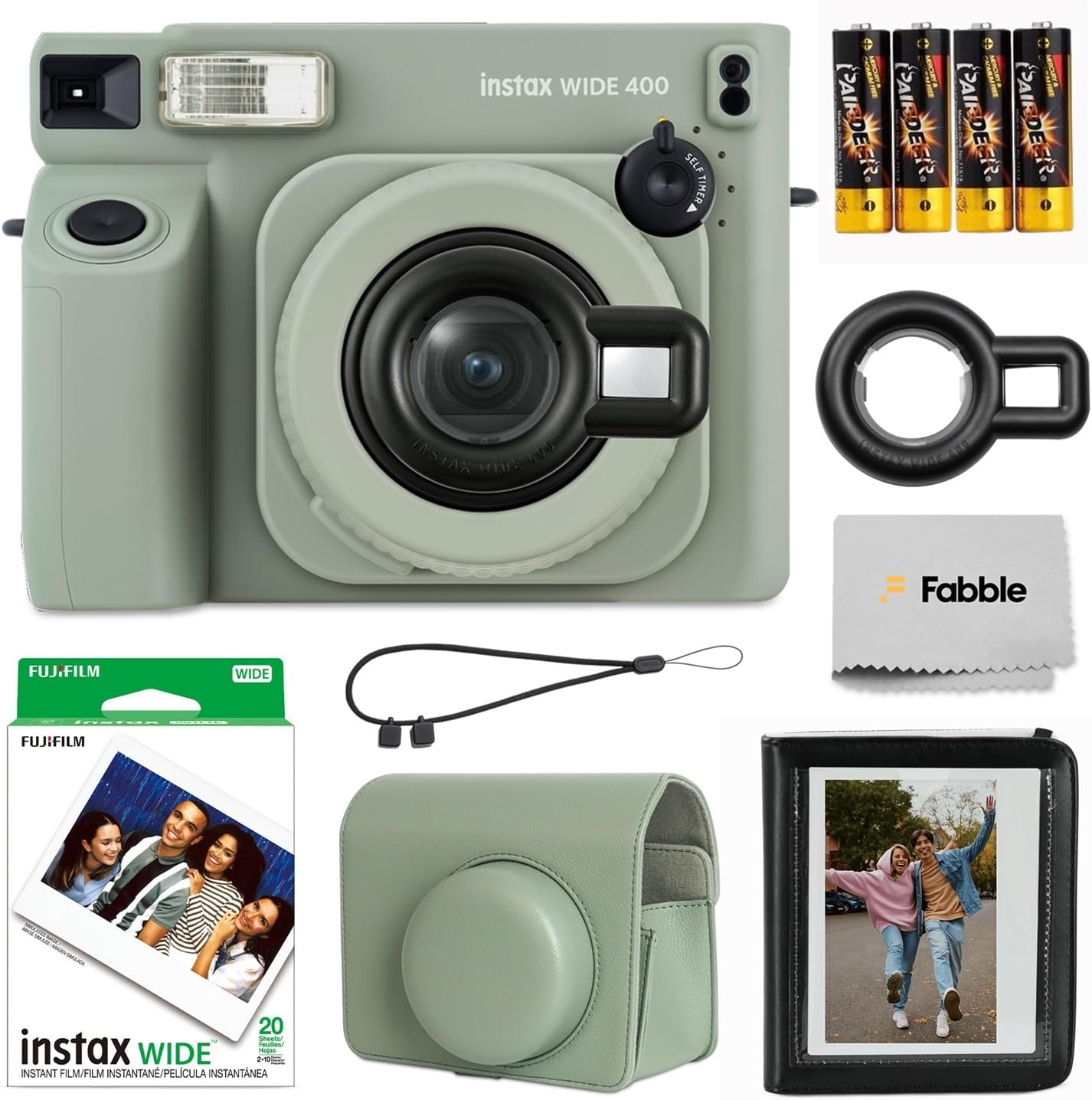 FUJIFILM instax Wide 400 Instant Film Camera Bundle with Instax Wide Film, Sage Green Leather Case, 28-Photo Album, Close-Up Lens, Shoulder Strap, Batteries, and Camera Accessories