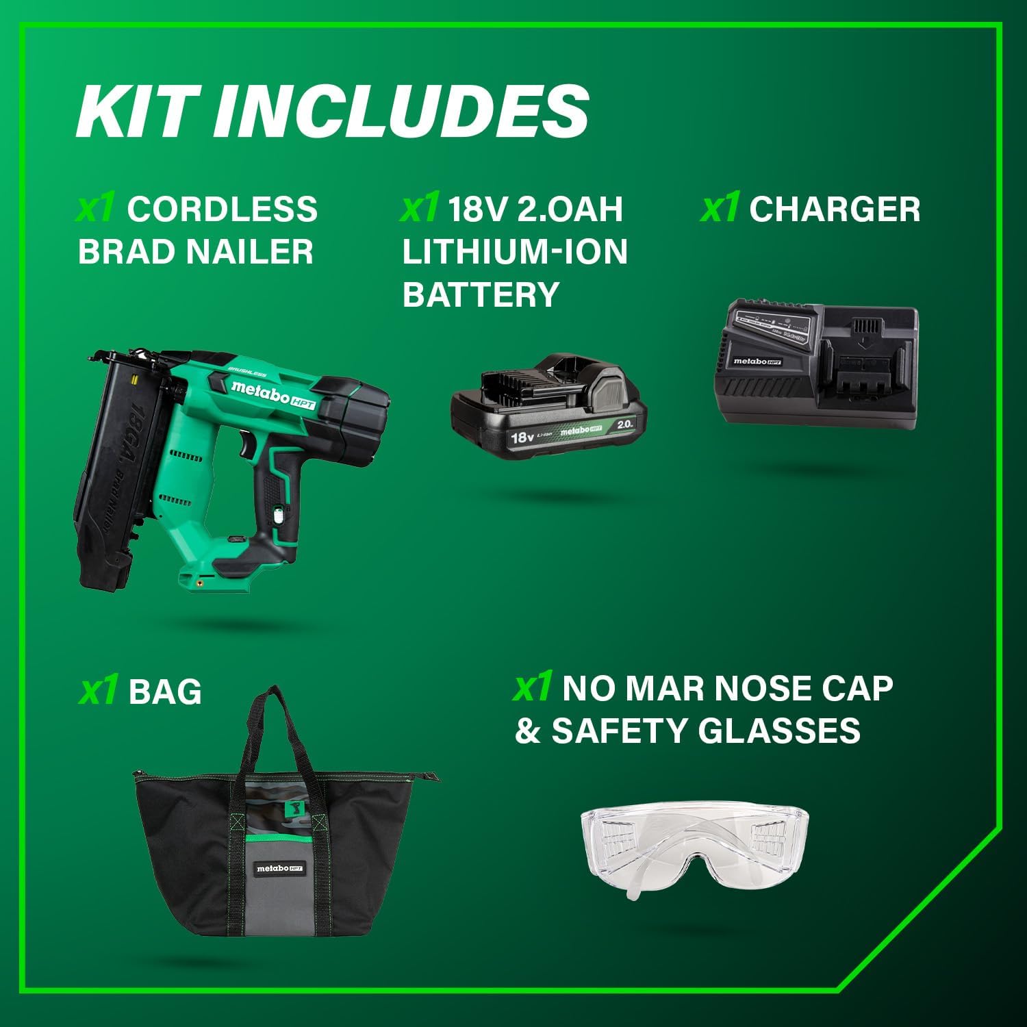 Metabo HPT 18V MultiVolt Brushless Compact Cordless Brad Nailer Kit, 18 Gauge Nailer with Power Tool 2.0Ah Lithium Ion Battery, Drives 5/8' to 2' Brad Nails, NT1850DFT