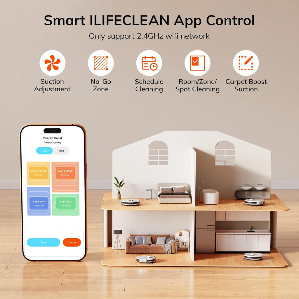 ILIFE A30s Robot Vacuum, 10000Pa Max Suction Robotic Vacuum Cleaner with LiDAR Navigation, Home Mapping, No-Go Zone, 150 Mins, 2.4G WiFi/App/Alexa/Remote Control, for Hard Floor Carpet and Pet Hair
