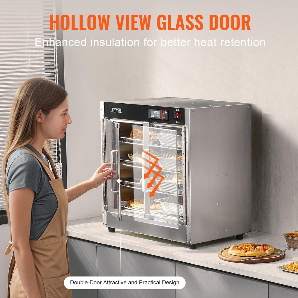 VEVOR Hot Box Food Warmer, 4-Tier Concession Warmer with Water Tray, 4 Pans, Glass Double-door and Adjustable Shelves, Stainless Steel Food Warmer Cabinet, Ideal for Storing Pizza, Chicken, Restaurant