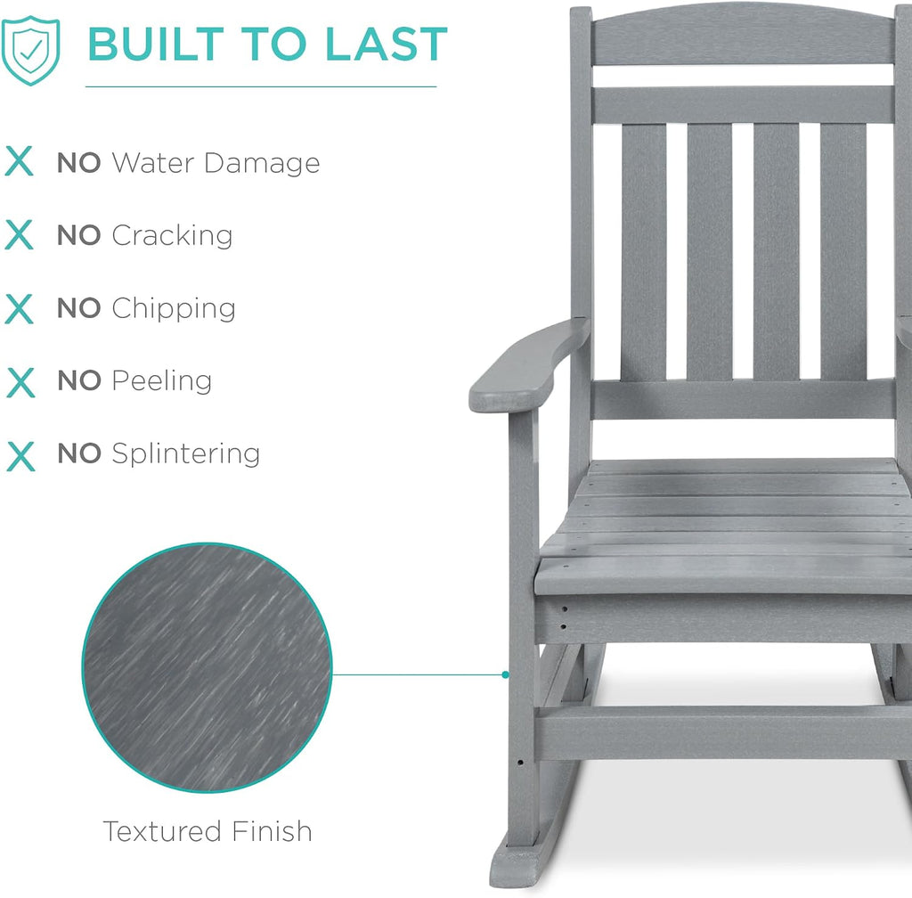 Best Choice Products All-Weather Rocking Chair, Indoor Outdoor HDPE Porch Rocker for Patio, Balcony, Backyard, Living Room w/ 300lb Weight Capacity, Contoured Seat - Gray