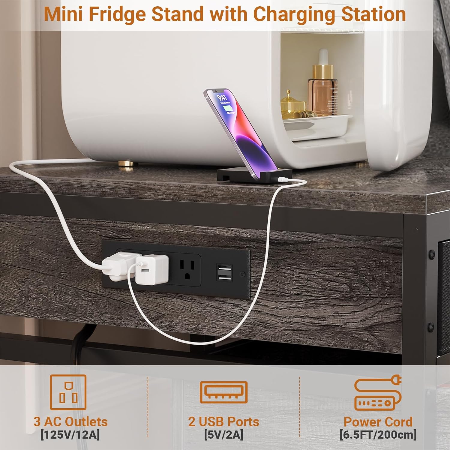 Unikito Mini Fridge Stand with Storage and Charging Station, Refrigerator Table with Drawer Basket for Dorm, Apartment, Office, Bedroom, Heavy Duty Small Refrigerator Stand Cart, Hold 300LBS, Gray Oak