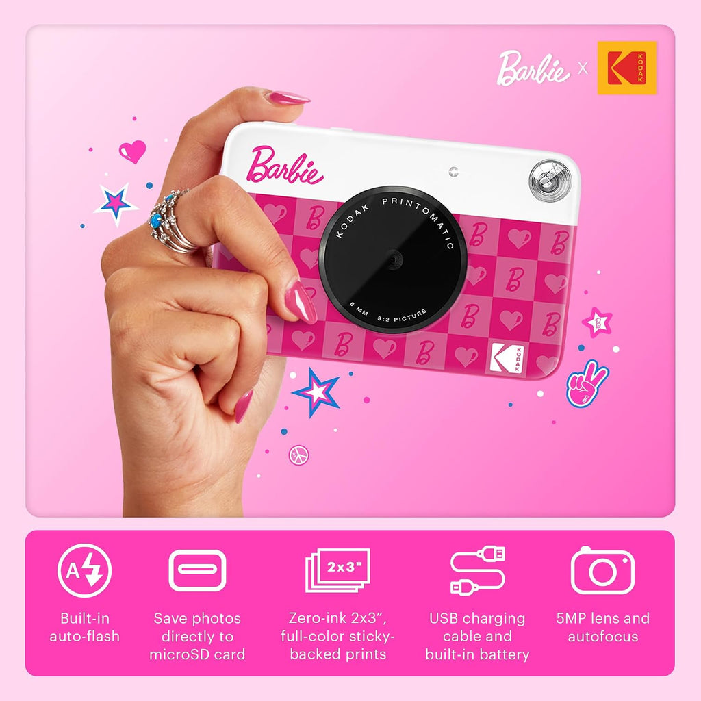 Kodak x Barbie Printomatic Full-Color Instant Print Digital Camera Barbie Deluxe Bundle (Iconic Style)+ Barbie Deluxe Camera Case + Barbie Photo Album + Zink Paper (20 Sheets)