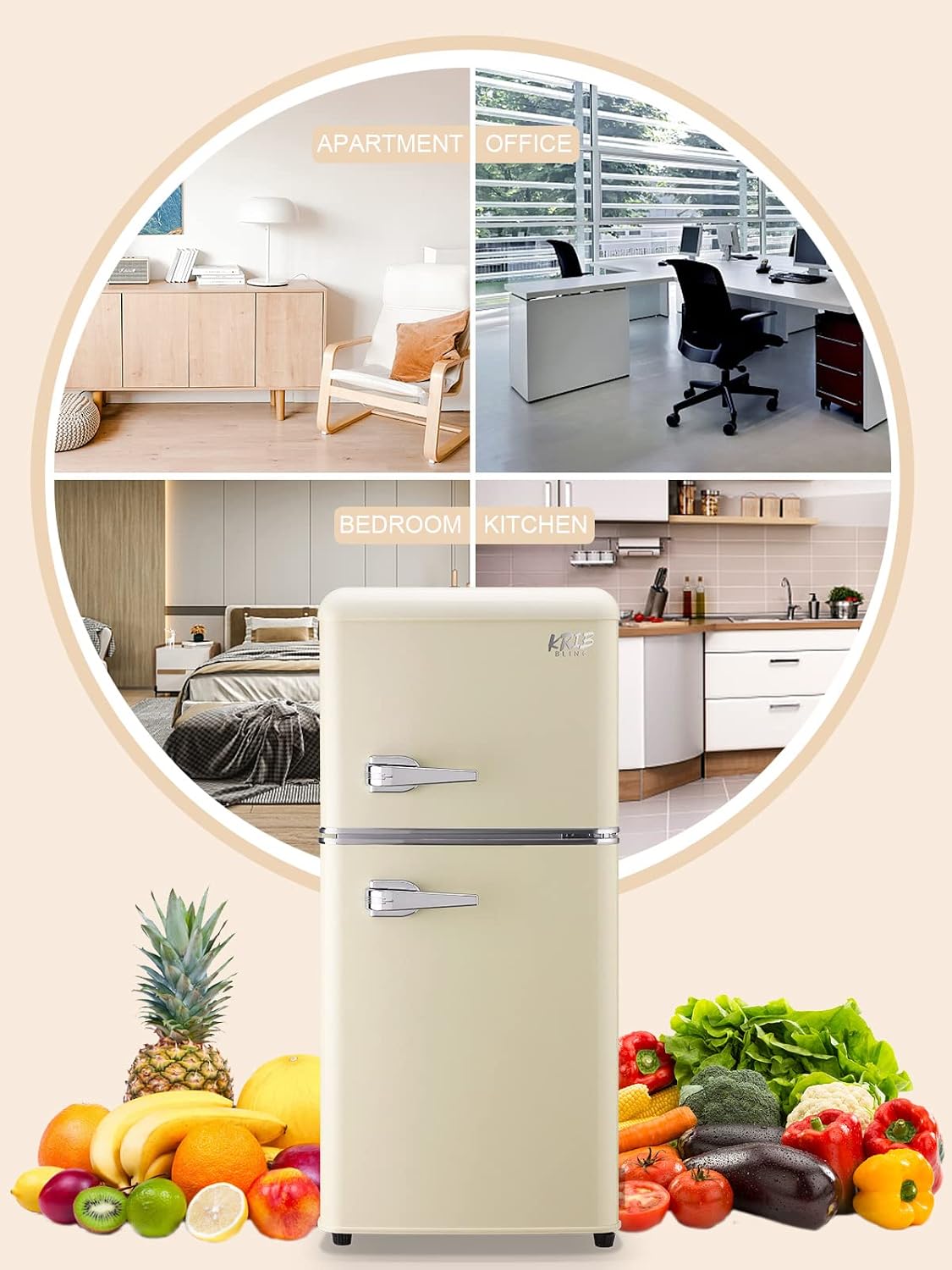 KRIB BLING 3.5 Cu.Ft Refrigerator with Freezer, 2 Doors Fridge with Adjustable Thermostat Control, Refrigerator for Kitchen, Dorm, Apartment, Garage, Office, Cream