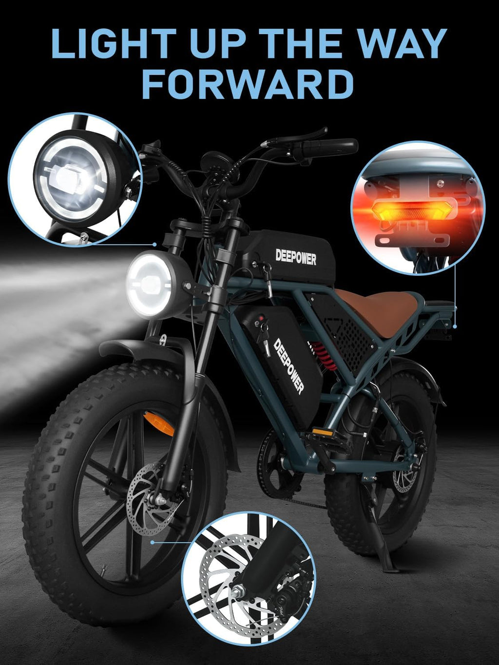 DEEPOWER Electric Bike for Adults,Peak 1500W Motor,30MPH 150Mile ebikes for Adults with 60AH Battery,20' Fat Tire Ebike,Dual Suspension,7 Speed Electric Motorcycle